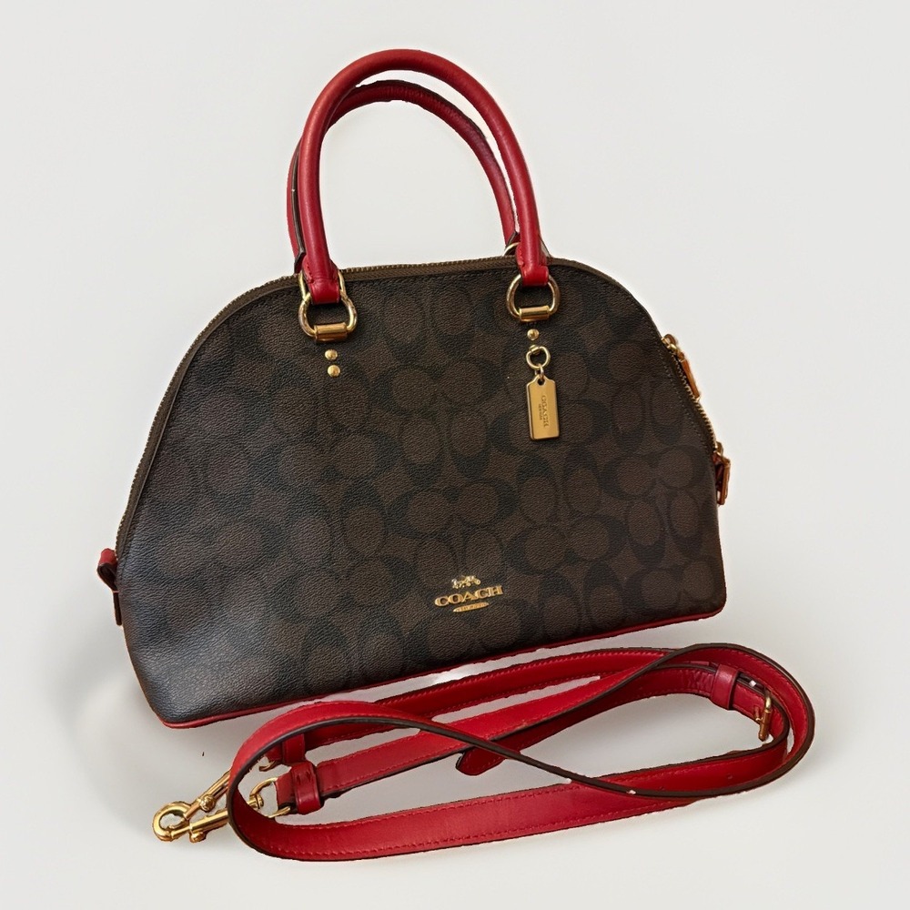 Coach 2558 Katy Satchel Signature Canvas & Leather Bag Brown/Red With Strap